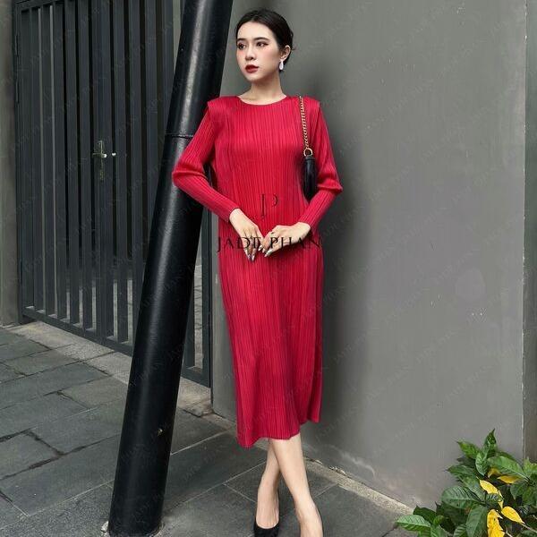Váy Elegance dài tay dập ly cao cấp JADEPHAN xếp ly lò xo thanh lịch — ảnh 3