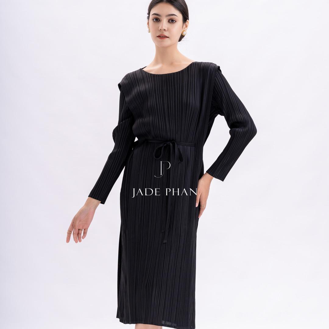 Váy Elegance dài tay dập ly cao cấp JADEPHAN xếp ly lò xo thanh lịch