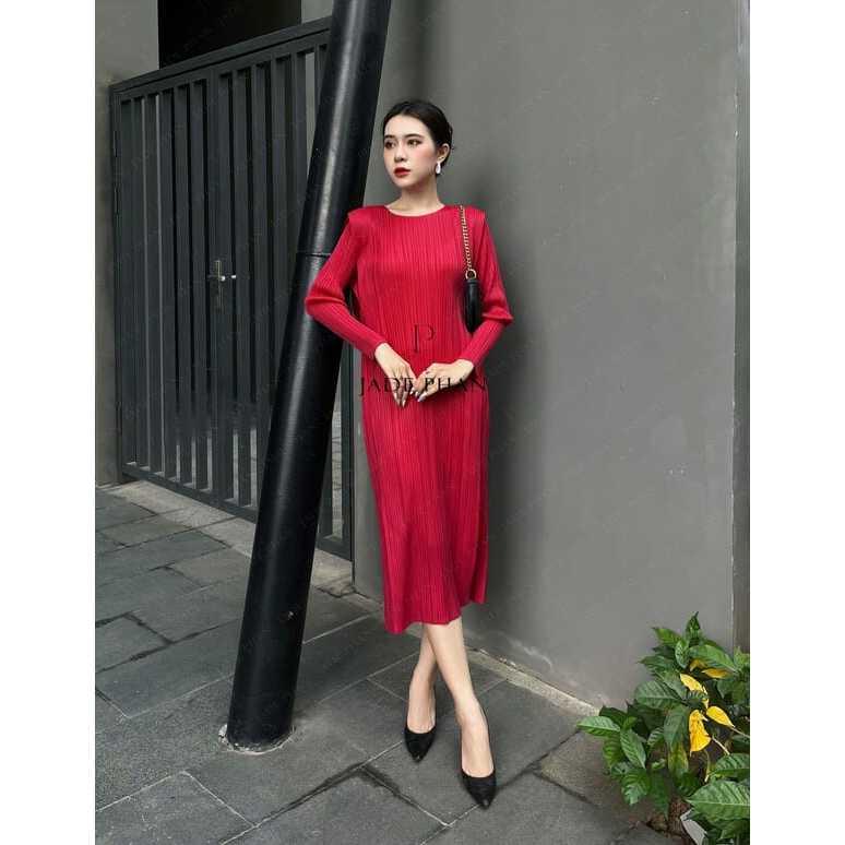 Váy Elegance dài tay dập ly cao cấp JADEPHAN xếp ly lò xo thanh lịch — ảnh 3