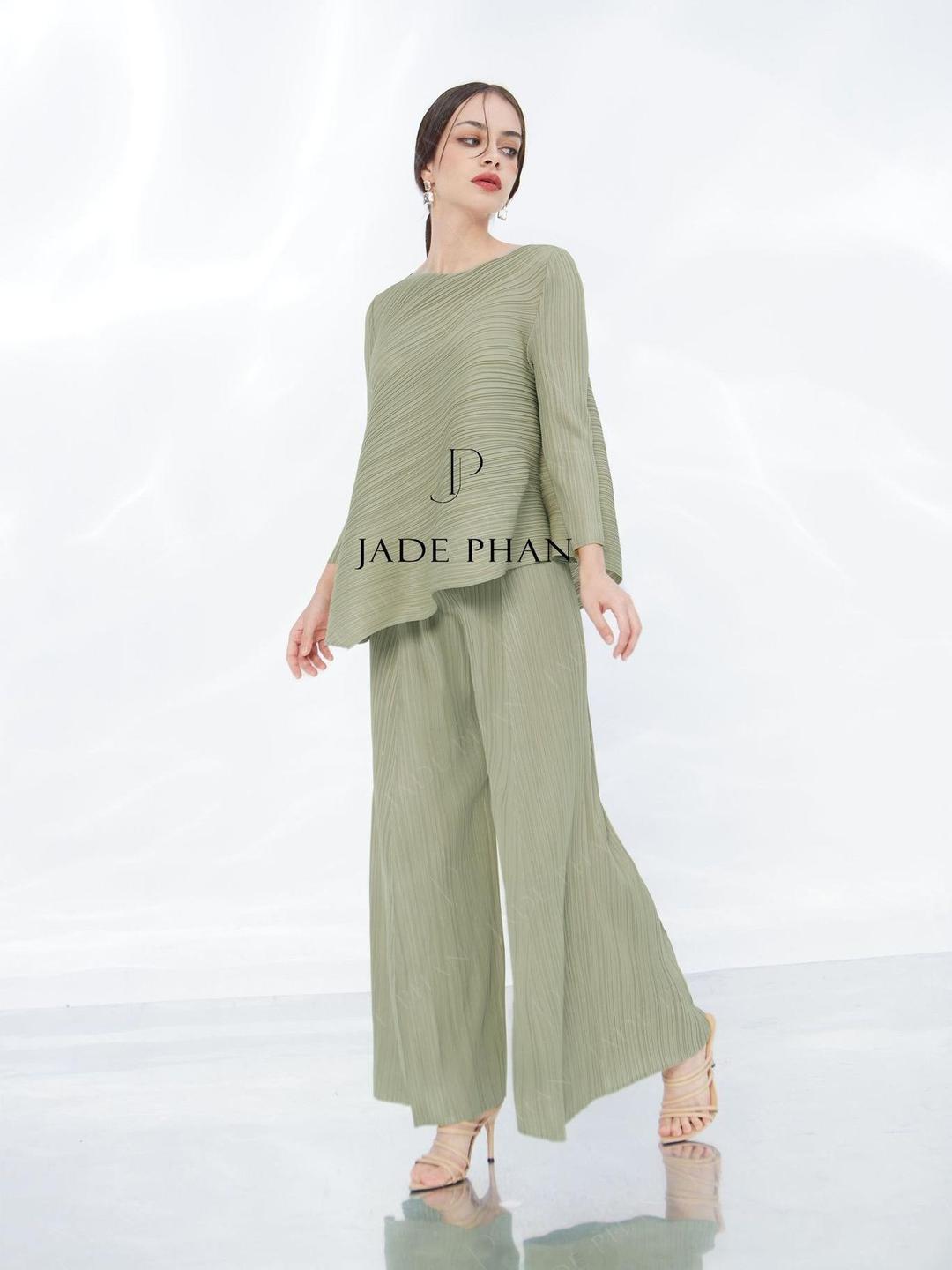 Áo Gerda Xanh đá và Quần Gerda Xanh đá dập ly cao cấp, bộ quần áo xếp ly thanh lịch chuẩn form