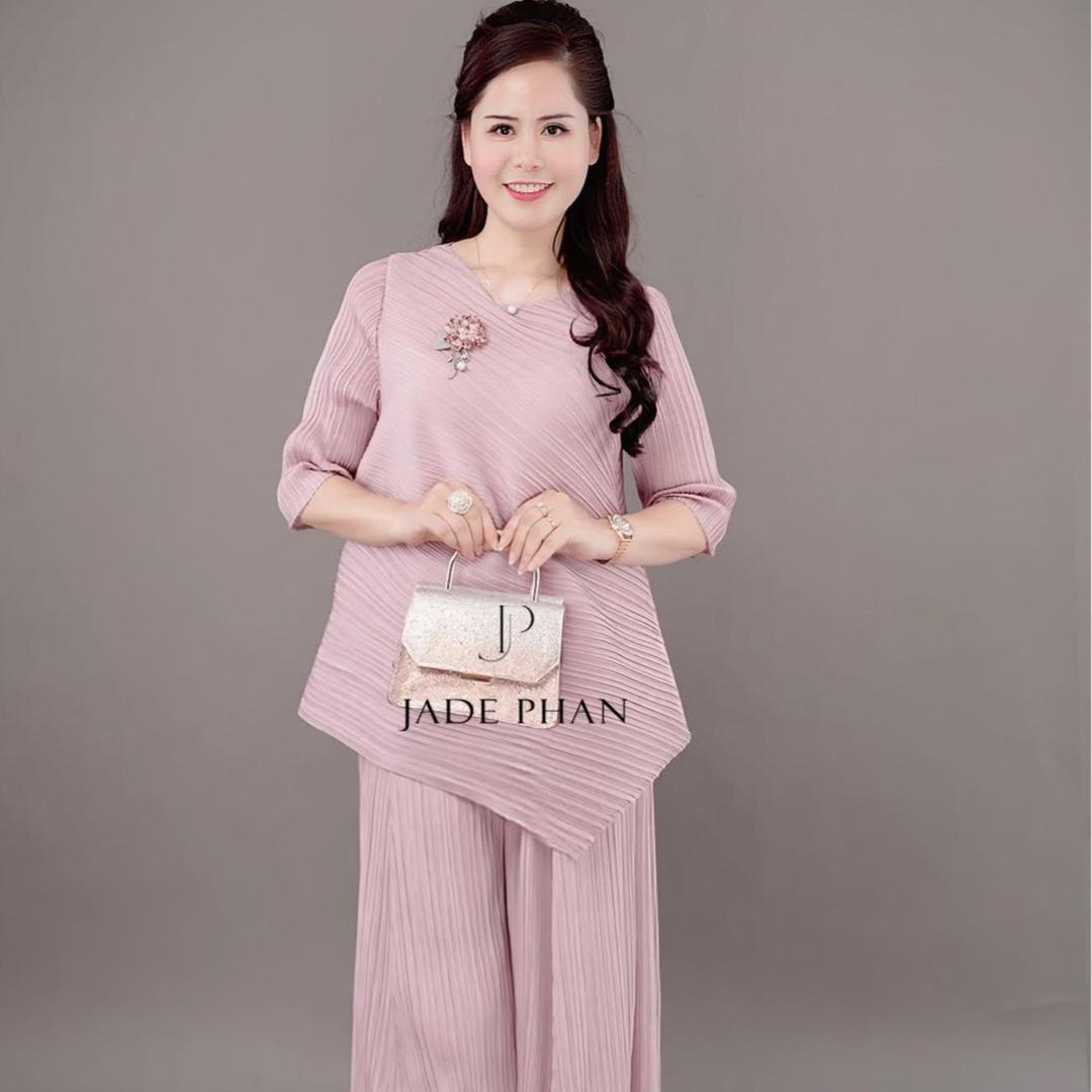 Set gồm áo và quầnđồng màu dập ly nữ sang trọng, áo tay lửng và quần ống rộng xếp ly lò xo Gerda — ảnh 3