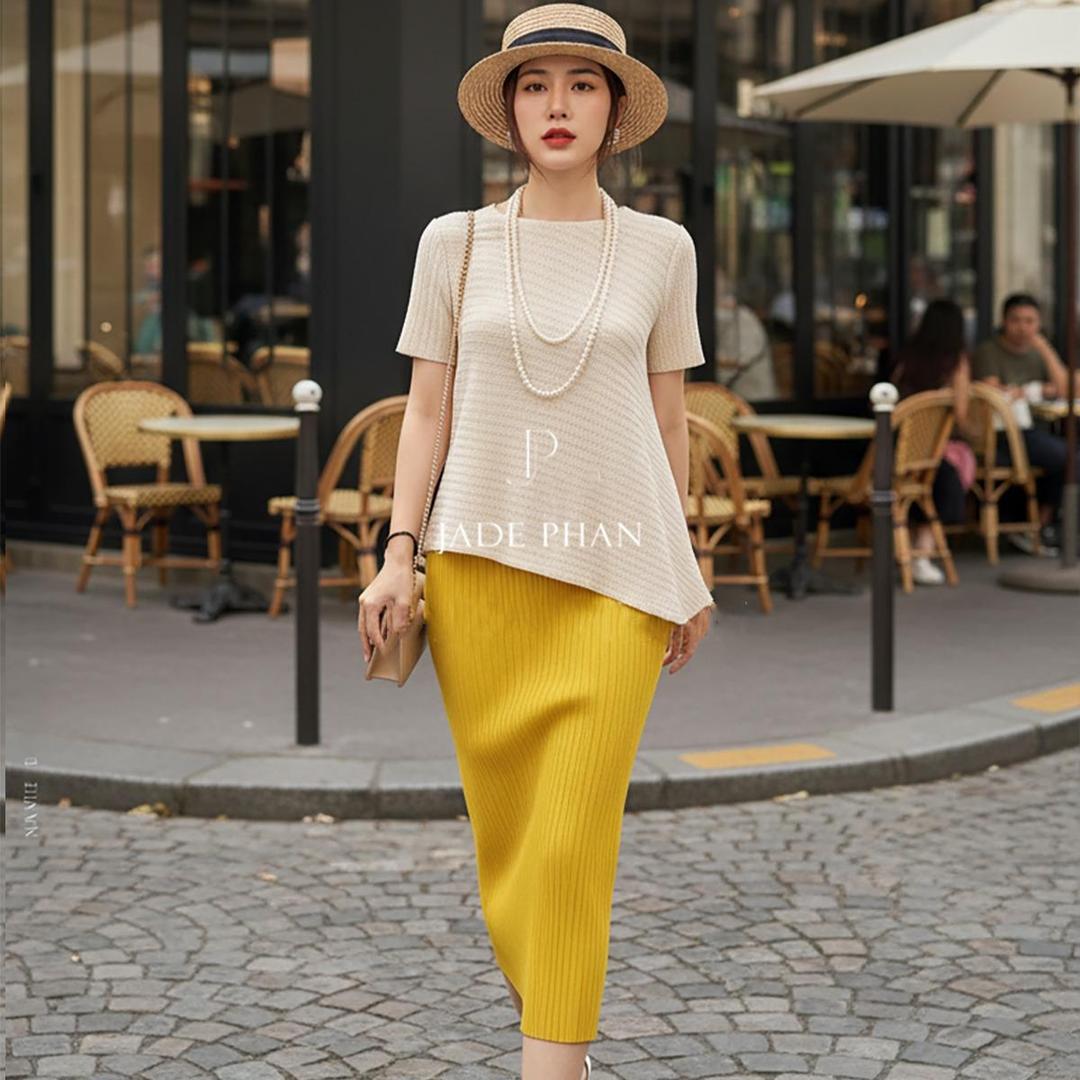 Set gồm áo và chân váymix màu, bộ áo và chân váy midi nữ thanh lịch nhiều màu Jennie Holly — ảnh 8