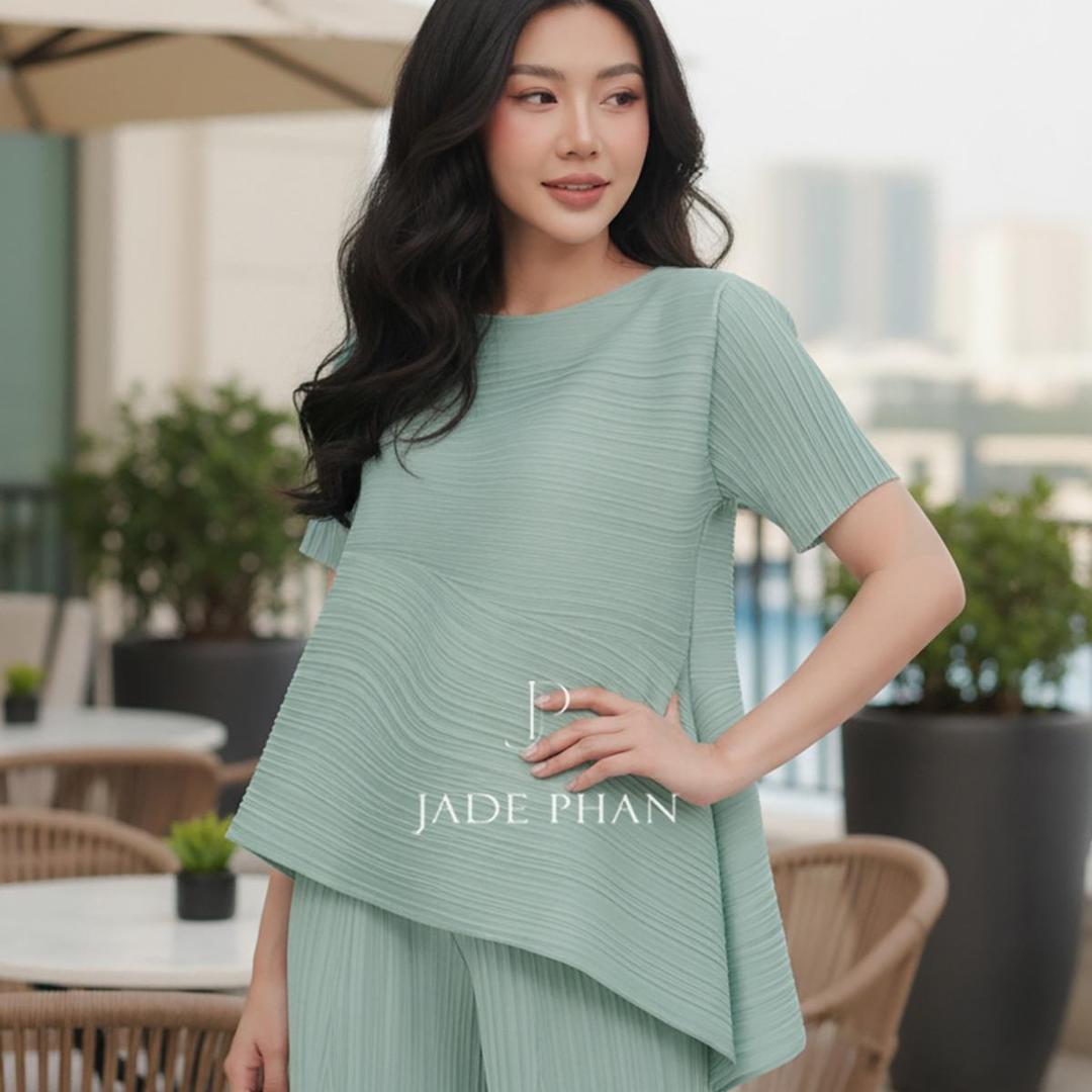 Set gồm áo và quầnđồng màu xếp ly nữ cao cấp, áo tay ngắn vạt chéo và quần ống suông thanh lịch nhiều màu Katle [ + ] — ảnh 7