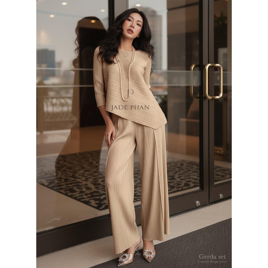 Set gồm áo và quầnđồng màu dập ly nữ sang trọng, áo tay lửng và quần ống rộng xếp ly lò xo Gerda — ảnh 17