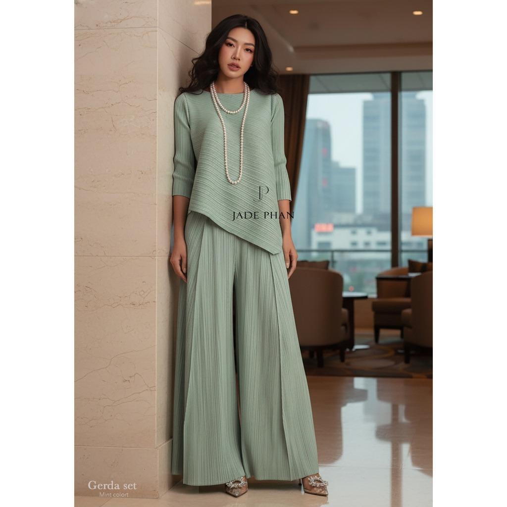 Set gồm áo và quầndập ly nữ sang trọng, áo tay lửng và quần ống rộng xếp ly lò xo Gerda — ảnh 14