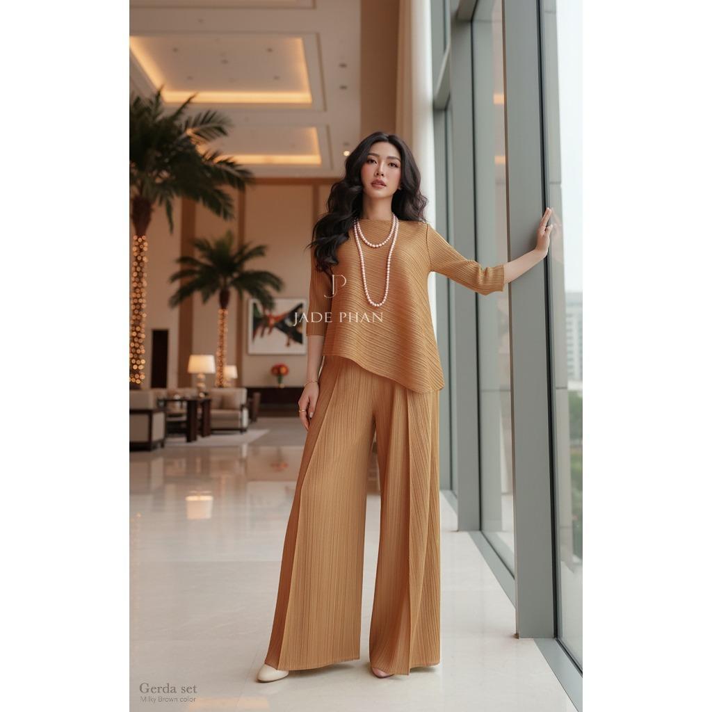 Set gồm áo và quầnđồng màu dập ly nữ sang trọng, áo tay lửng và quần ống rộng xếp ly lò xo Gerda — ảnh 20