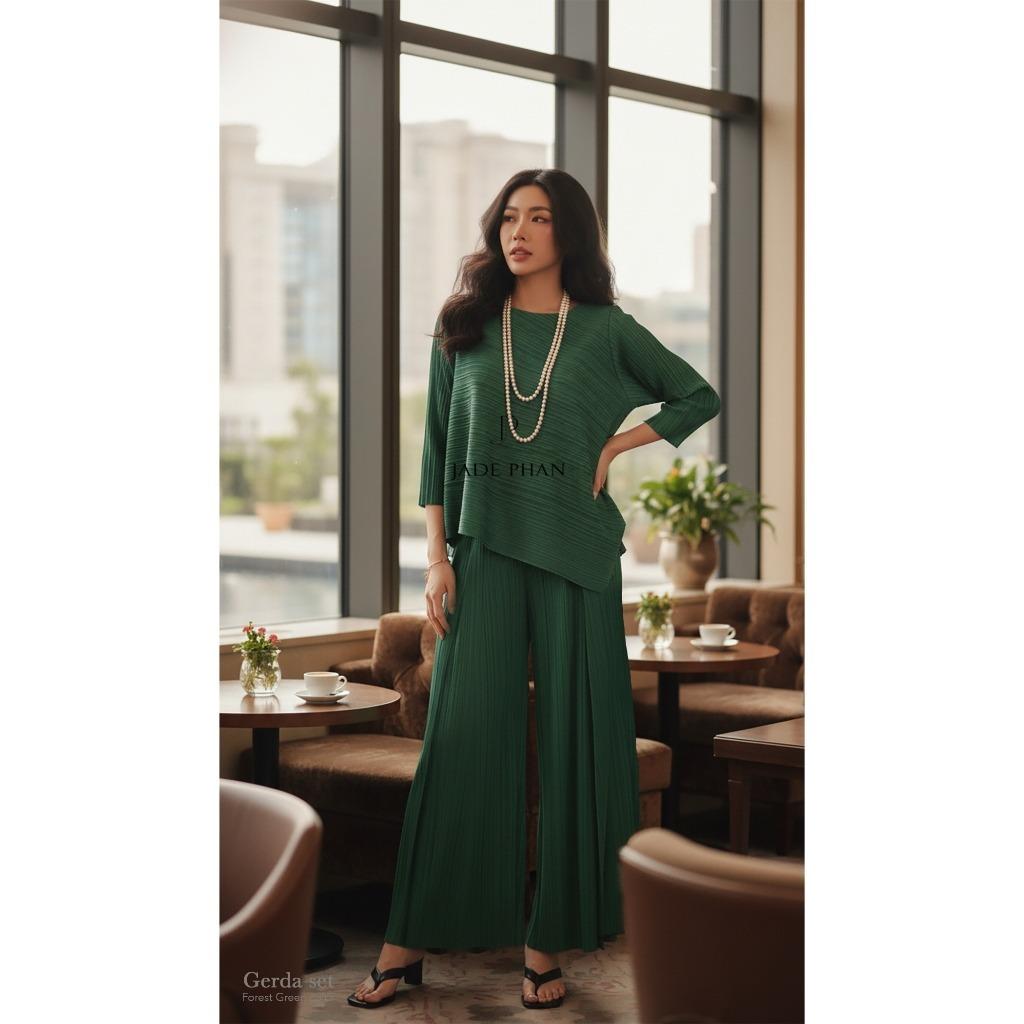 Set gồm áo và quầndập ly nữ sang trọng, áo tay lửng và quần ống rộng xếp ly lò xo Gerda — ảnh 18