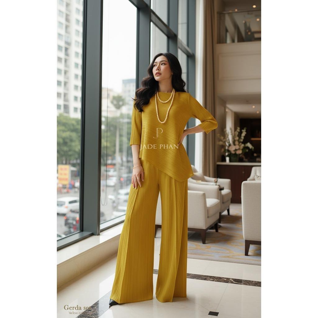 Set gồm áo và quầndập ly nữ sang trọng, áo tay lửng và quần ống rộng xếp ly lò xo Gerda — ảnh 24