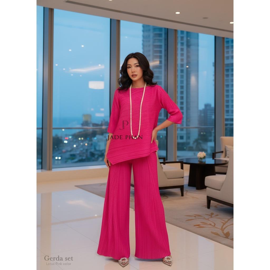 Set gồm áo và quầnđồng màu dập ly nữ sang trọng, áo tay lửng và quần ống rộng xếp ly lò xo Gerda — ảnh 4