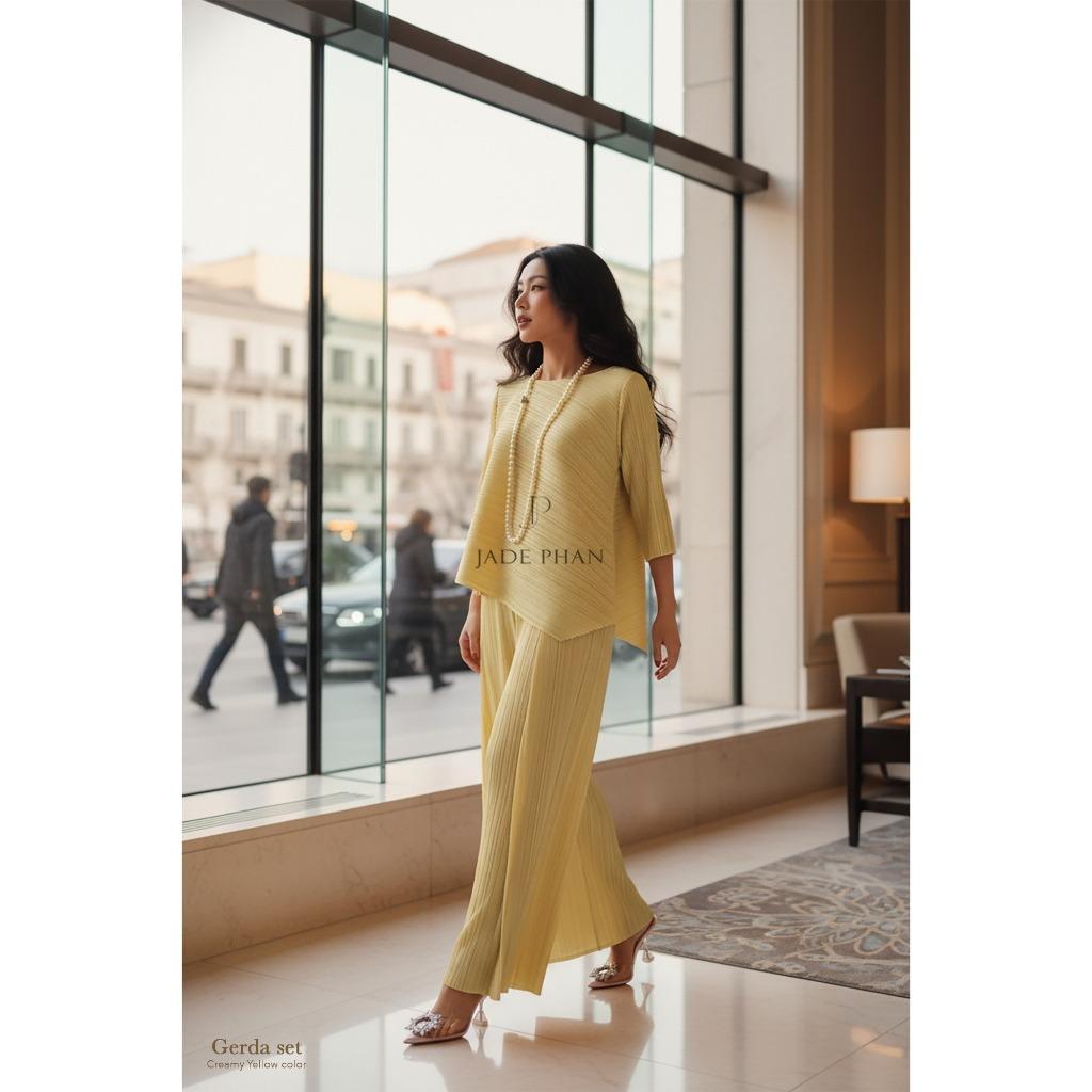 Set gồm áo và quầnđồng màu dập ly nữ sang trọng, áo tay lửng và quần ống rộng xếp ly lò xo Gerda — ảnh 22