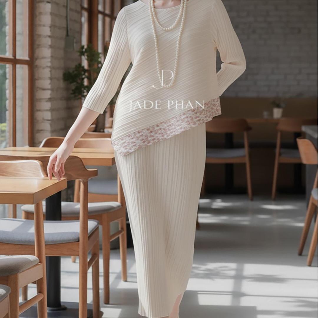 Set gồm áo và chân váyHoa nhí, bộ áo và chân váy dập ly cao cấp thanh lịch nhiều màu Gerda & Holly [ + ] — ảnh 2
