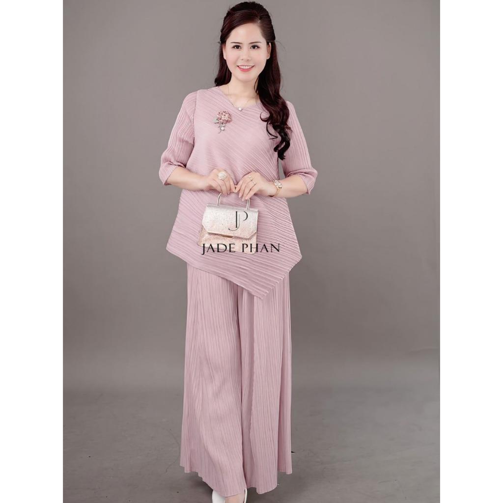 Set gồm áo và quầndập ly nữ sang trọng, áo tay lửng và quần ống rộng xếp ly lò xo Gerda
