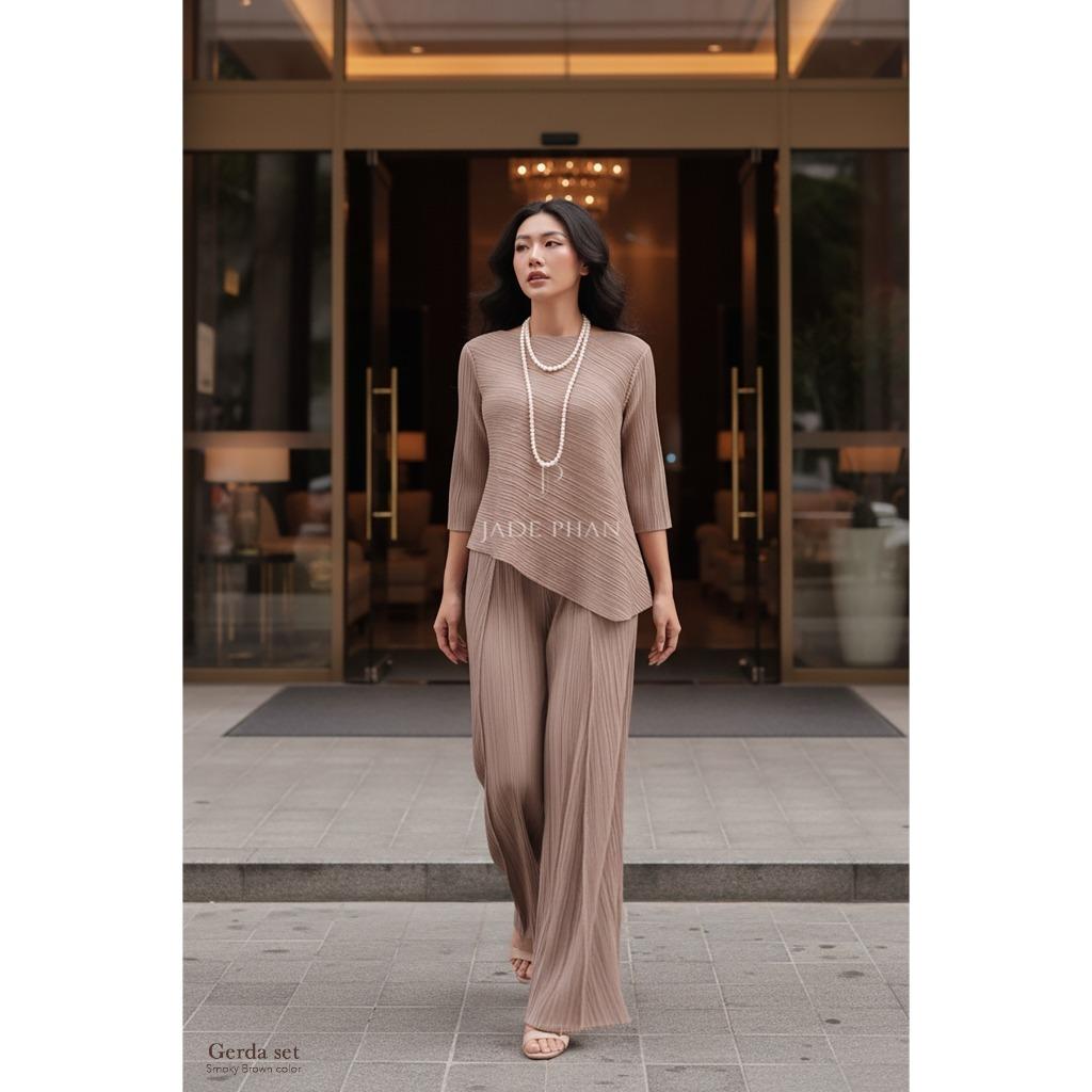 [HỎA TỐC] Set gồm áo và quầndập ly nữ sang trọng, áo tay lửng và quần ống rộng xếp ly lò xo Gerda — ảnh 5