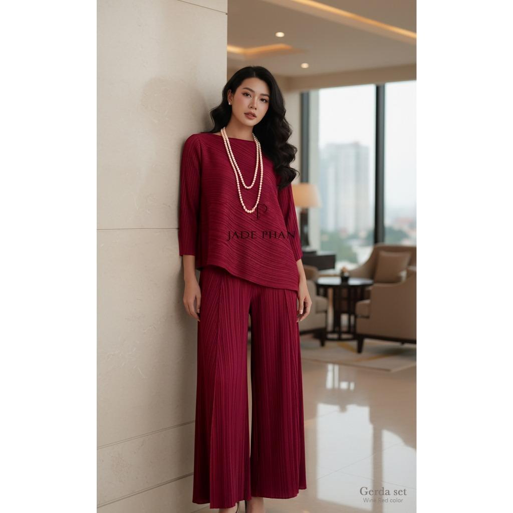 Set gồm áo và quầnđồng màu dập ly nữ sang trọng, áo tay lửng và quần ống rộng xếp ly lò xo Gerda — ảnh 5