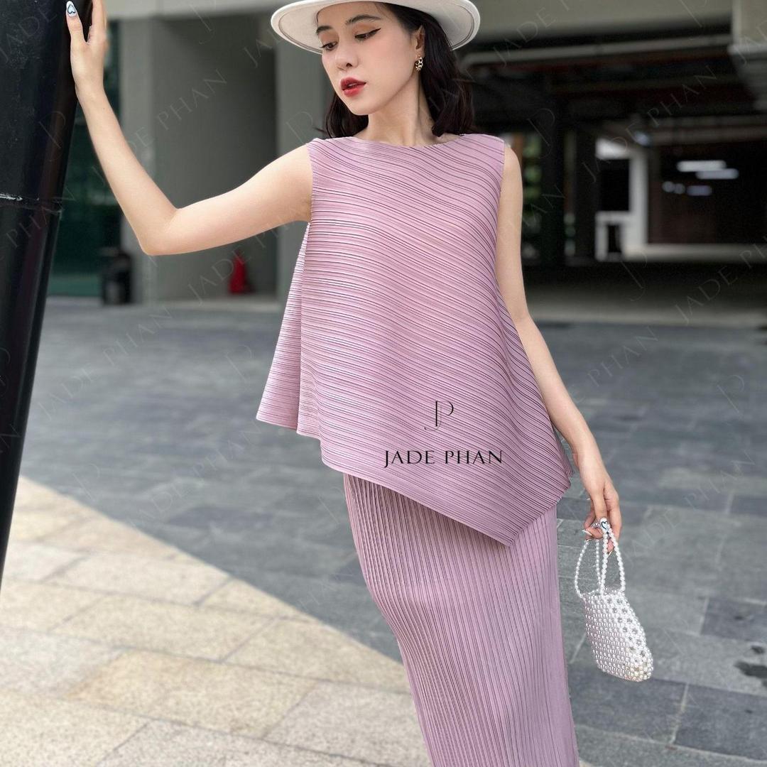 Set gồm áo và chân váy, bộ áo dập ly tà chéo và chân váy midi nữ dập ly cao cấp nhiều màu Lea Audora — ảnh 3