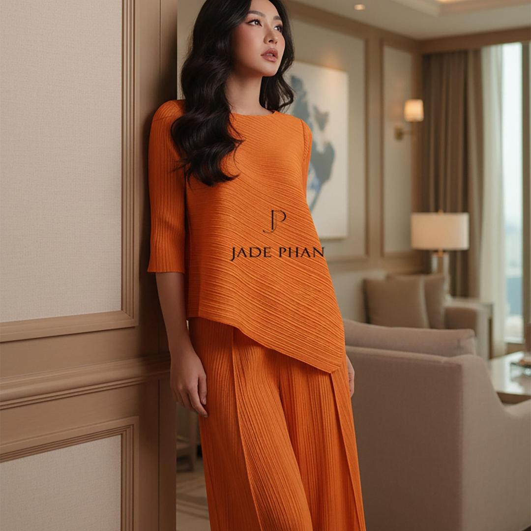 Set gồm áo và quầnđồng màu dập ly nữ sang trọng, áo tay lửng và quần ống rộng xếp ly lò xo Gerda — ảnh 23