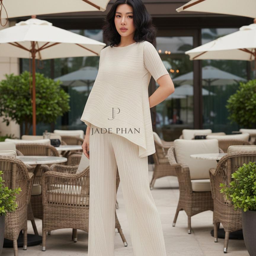Set gồm áo và quầnđồng màu xếp ly nữ cao cấp, áo tay ngắn vạt chéo và quần ống suông thanh lịch nhiều màu Katle [ + ] — ảnh 4