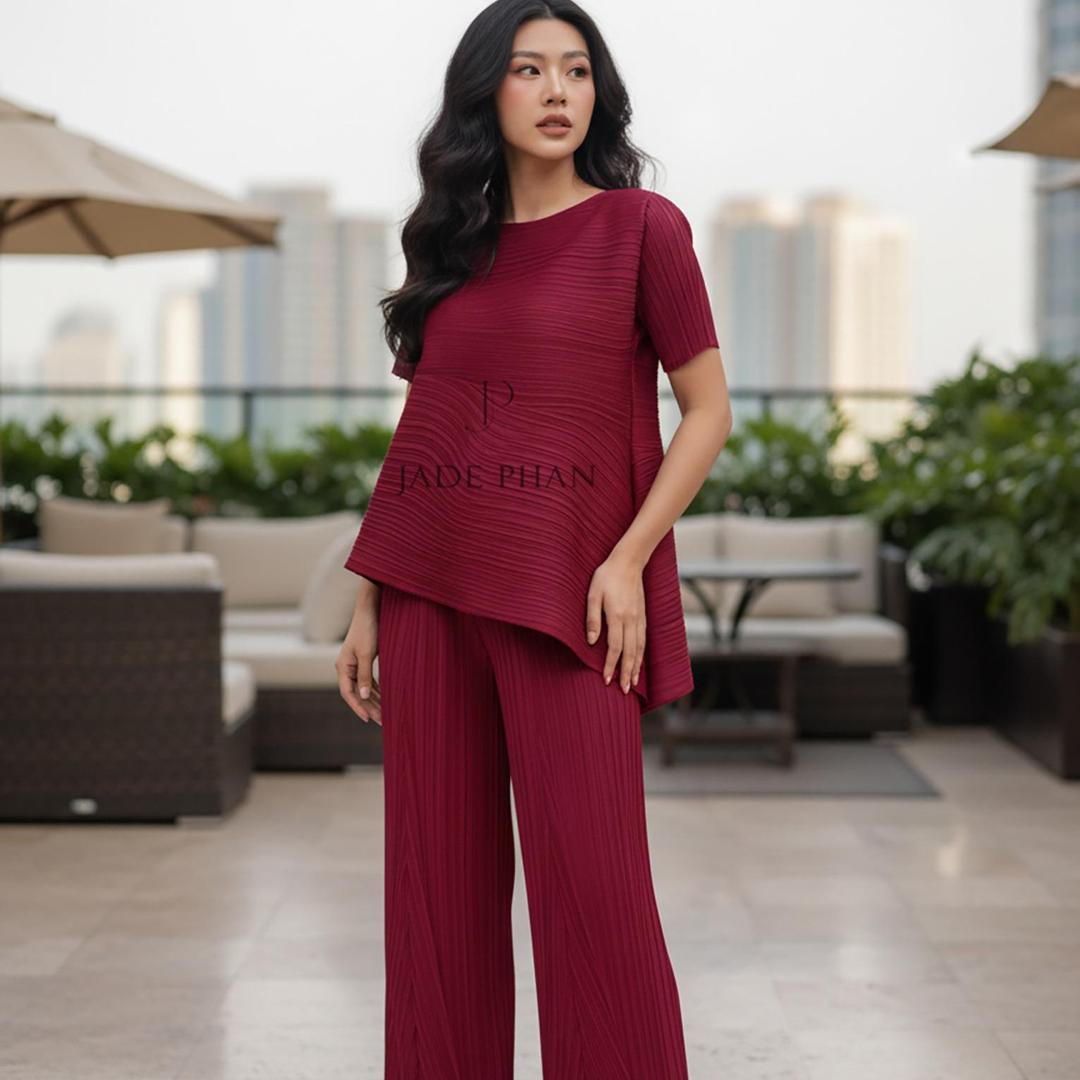 Set gồm áo và quầnđồng màu xếp ly nữ cao cấp, áo tay ngắn vạt chéo và quần ống suông thanh lịch nhiều màu Katle [ + ] — ảnh 15