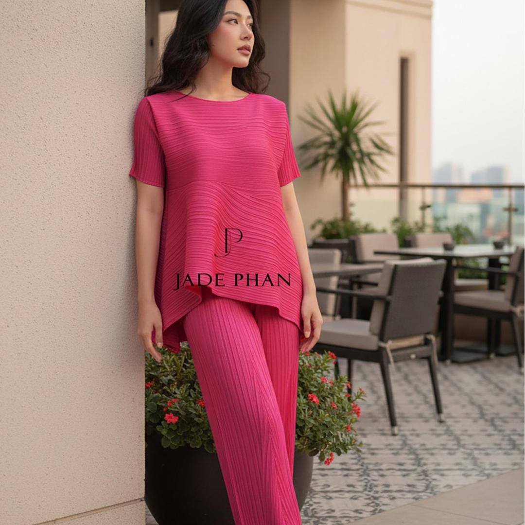 Set gồm áo và quầnđồng màu xếp ly nữ cao cấp, áo tay ngắn vạt chéo và quần ống suông thanh lịch nhiều màu Katle [ + ] — ảnh 3