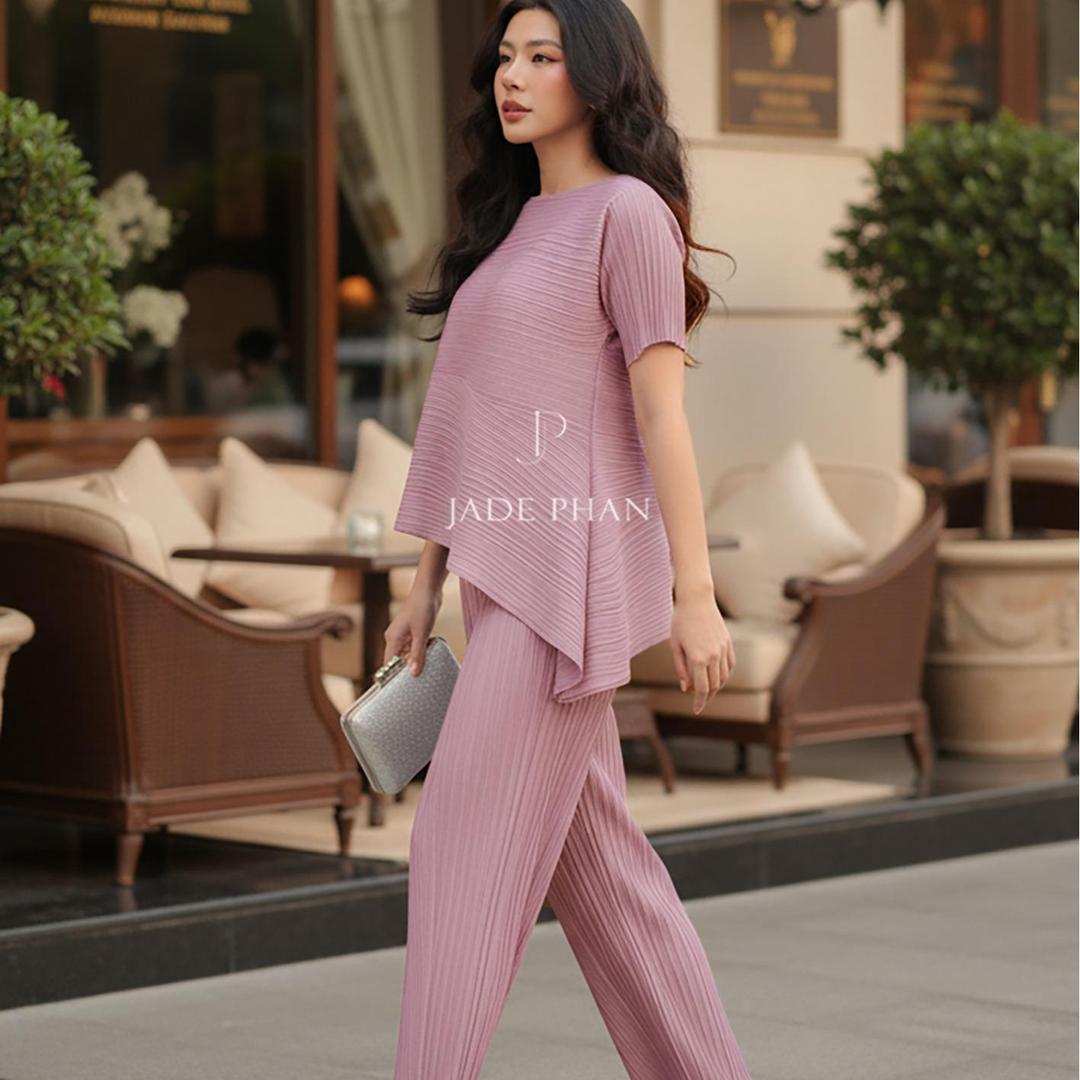 Set gồm áo và quầnđồng màu xếp ly nữ cao cấp, áo tay ngắn vạt chéo và quần ống suông thanh lịch nhiều màu Katle [ + ] — ảnh 6