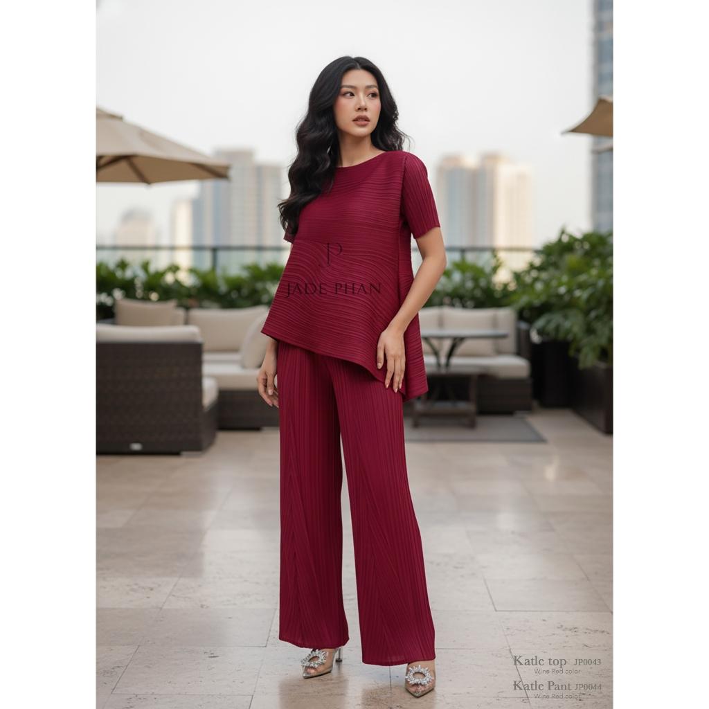 Set gồm áo và quầnxếp ly nữ cao cấp, áo tay ngắn vạt chéo và quần ống suông thanh lịch Katle[ + ] — ảnh 14