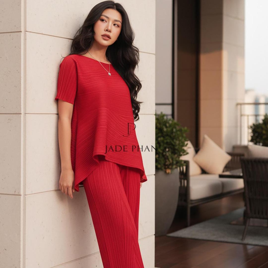 Set gồm áo và quầnđồng màu xếp ly nữ cao cấp, áo tay ngắn vạt chéo và quần ống suông thanh lịch nhiều màu Katle [ + ] — ảnh 11