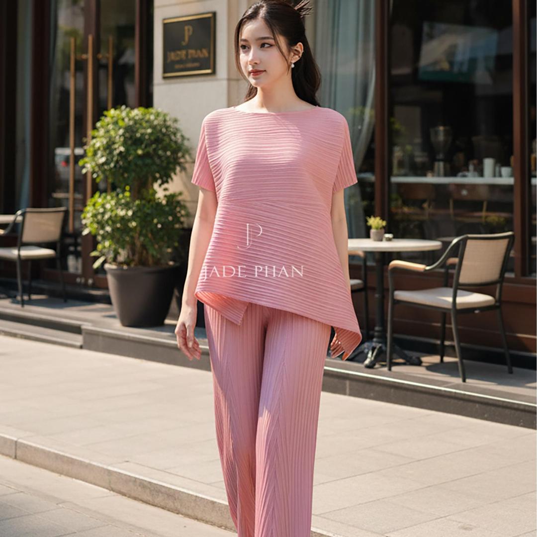 Set gồm áo và quầnđồng màu xếp ly nữ cao cấp, áo tay ngắn vạt chéo và quần ống suông thanh lịch nhiều màu Katle [ + ] — ảnh 9