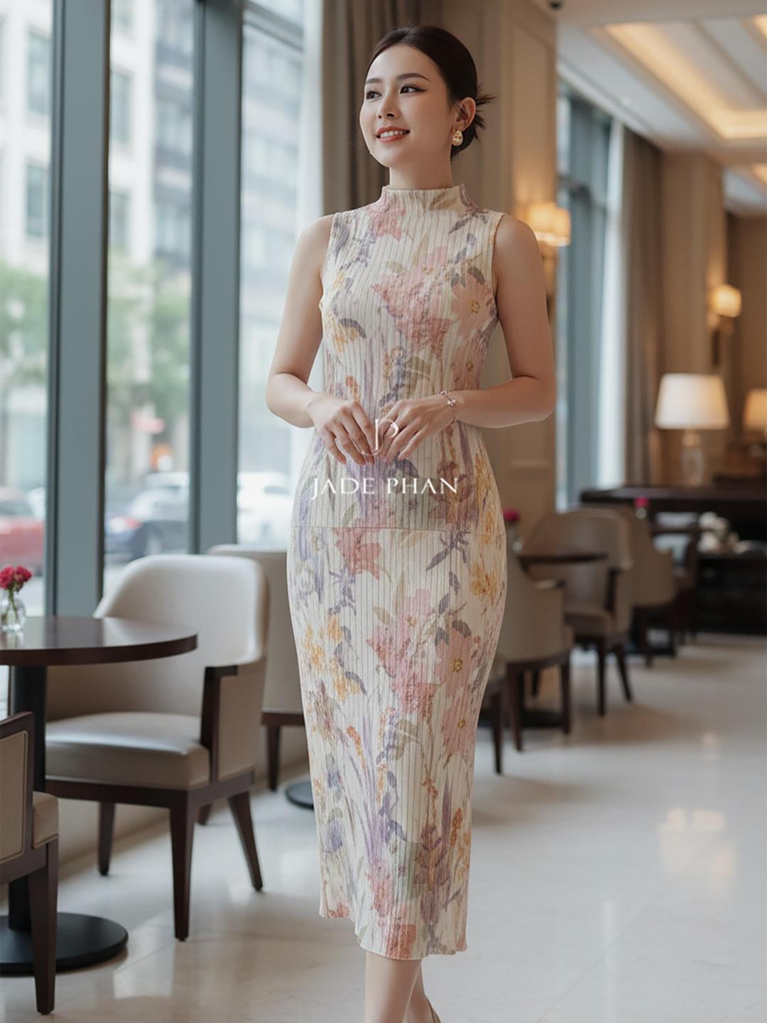 Set gồm áo và chân váy, bộ đồ dập ly thanh lịch in họa tiết hoa petunia Onni Holly