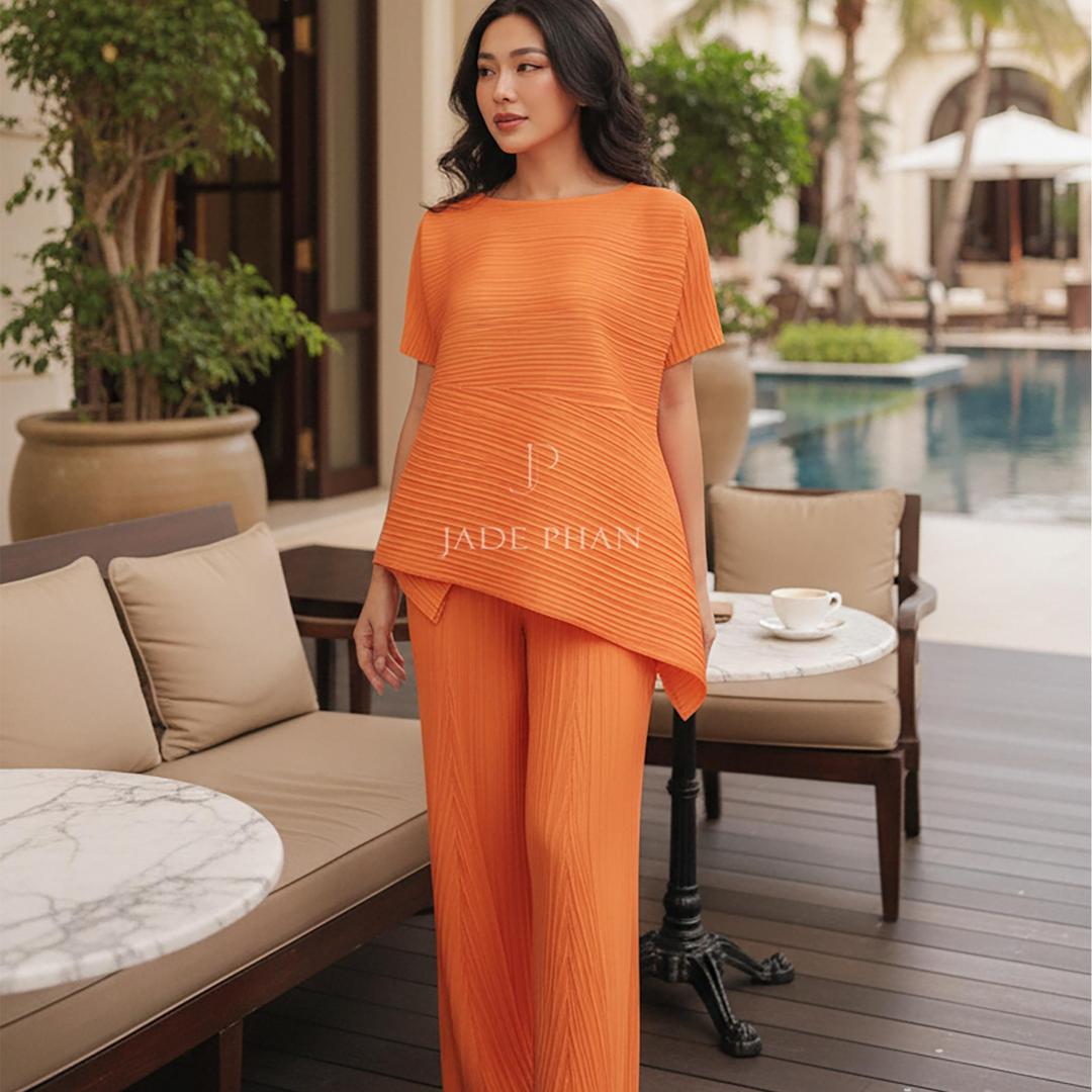 Set gồm áo và quầnđồng màu xếp ly nữ cao cấp, áo tay ngắn vạt chéo và quần ống suông thanh lịch nhiều màu Katle [ + ] — ảnh 12