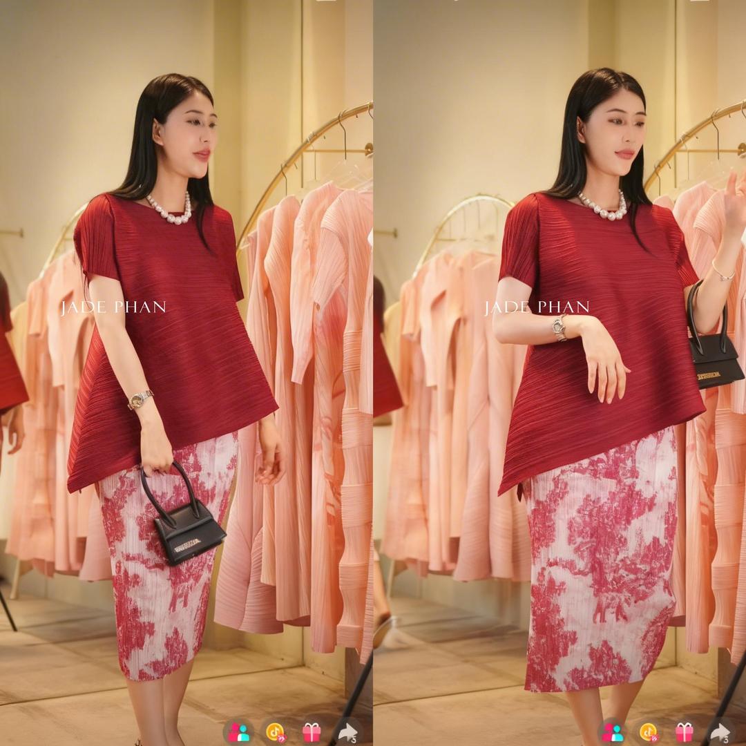 Set gồm áo và chân váyxếp ly áo katle và chân váy Holly họa tiết phong cảnh dập ly — ảnh 2