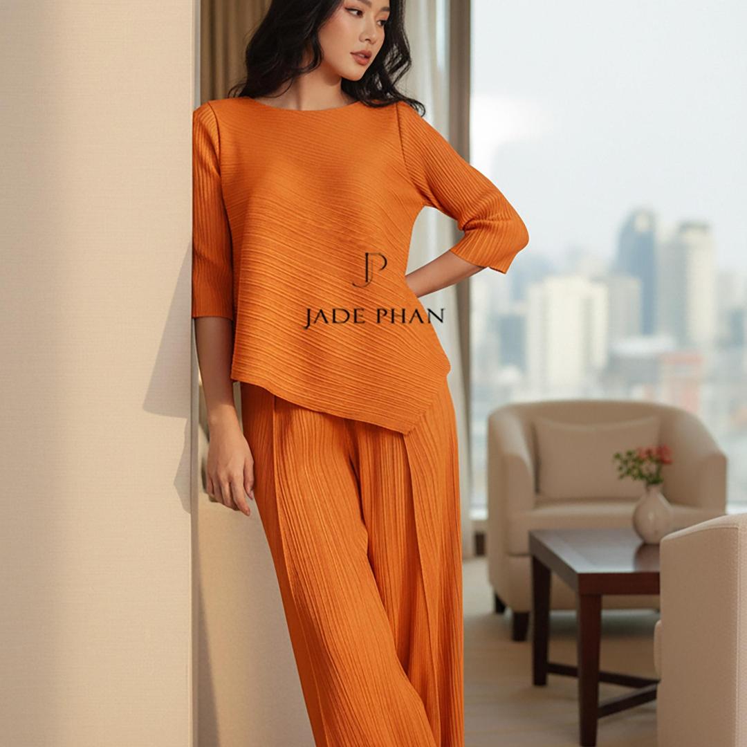 Set gồm áo và quầnđồng màu dập ly nữ sang trọng, áo tay lửng và quần ống rộng xếp ly lò xo Gerda — ảnh 34