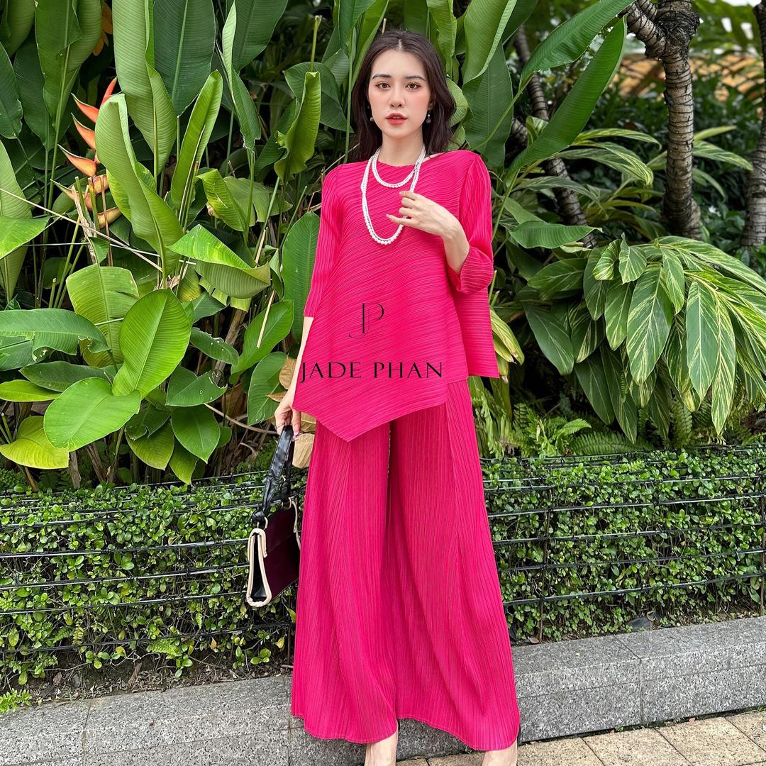 Set gồm áo và quầnđồng màu dập ly nữ sang trọng, áo tay lửng và quần ống rộng xếp ly lò xo Gerda — ảnh 28
