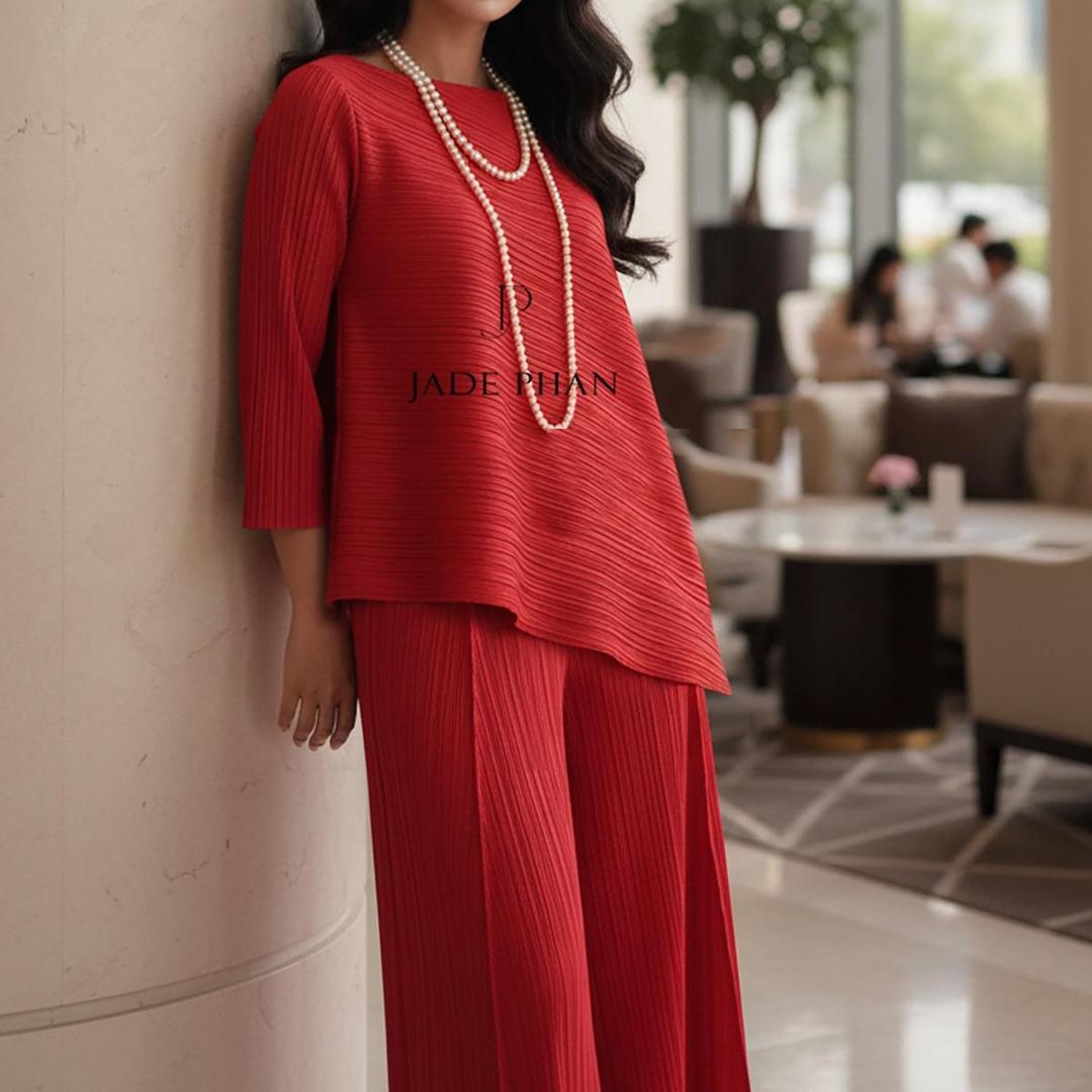 Set gồm áo và quầnđồng màu dập ly nữ sang trọng, áo tay lửng và quần ống rộng xếp ly lò xo Gerda — ảnh 27