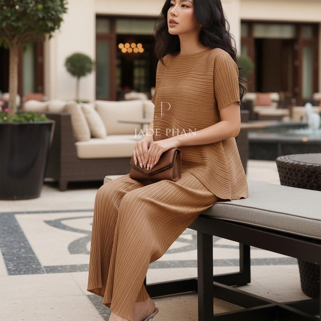 Set gồm áo và quầnđồng màu xếp ly nữ cao cấp, áo tay ngắn vạt chéo và quần ống suông thanh lịch nhiều màu Katle [ + ] — ảnh 18