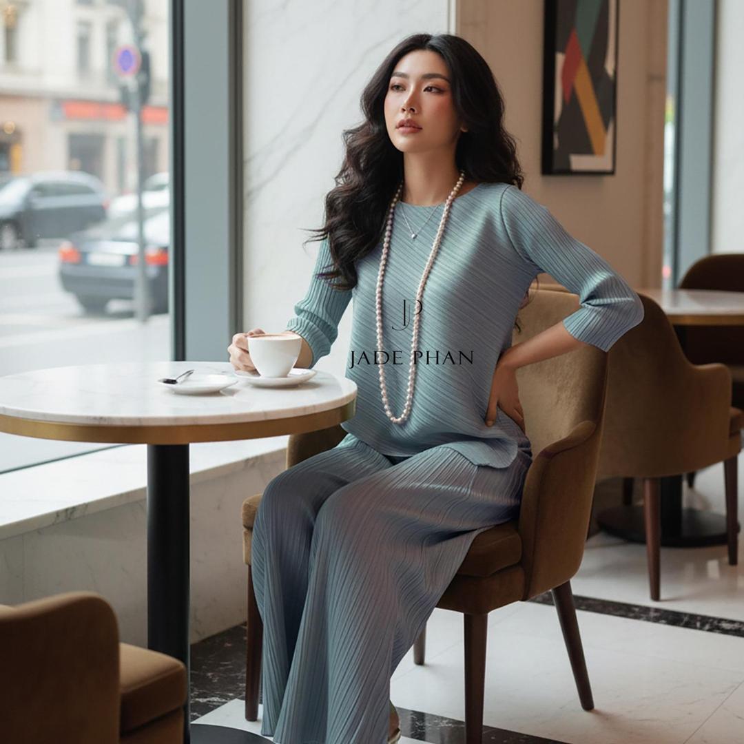 Set gồm áo và quầnđồng màu dập ly nữ sang trọng, áo tay lửng và quần ống rộng xếp ly lò xo Gerda — ảnh 30