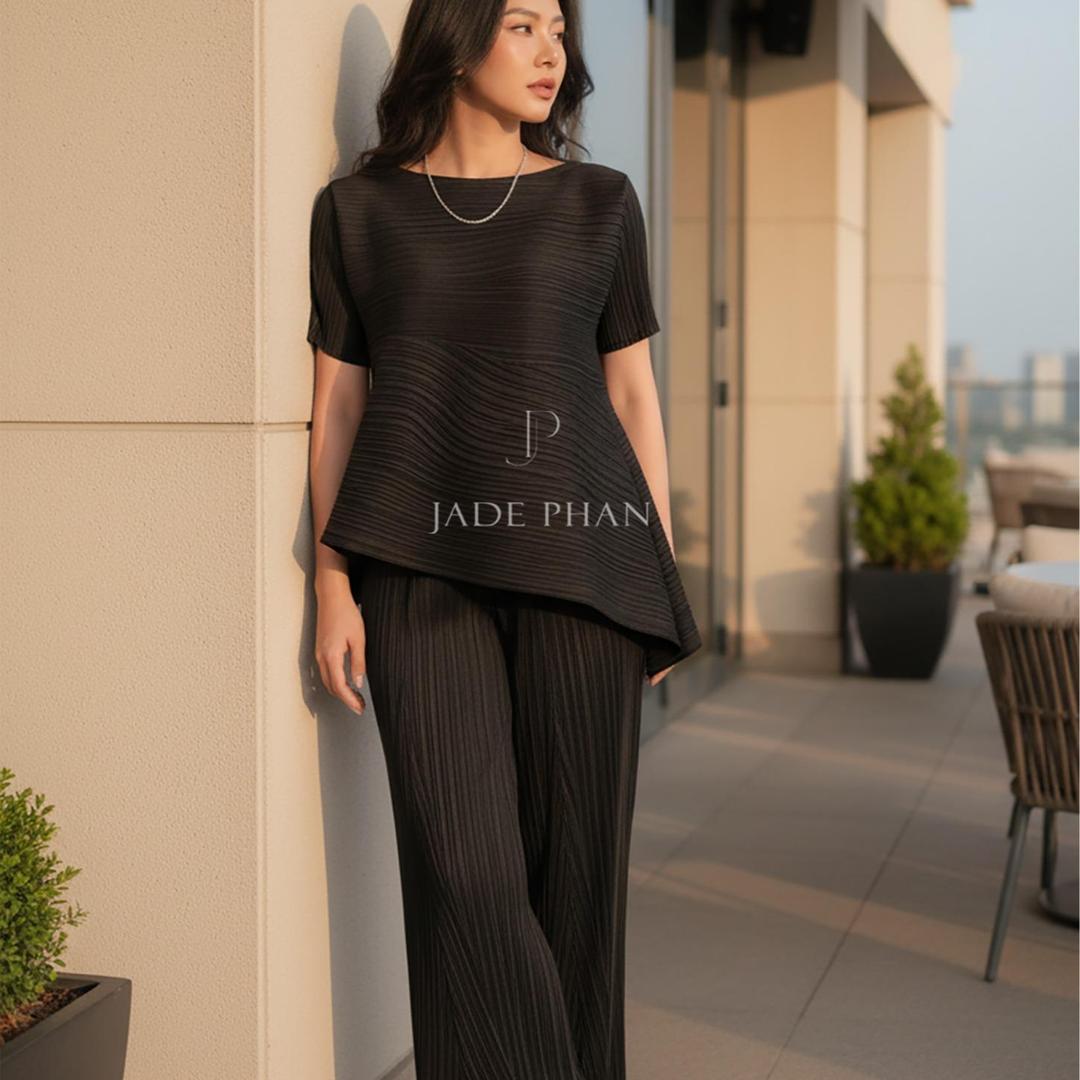 Set gồm áo và quầnđồng màu xếp ly nữ cao cấp, áo tay ngắn vạt chéo và quần ống suông thanh lịch nhiều màu Katle [ + ] — ảnh 19