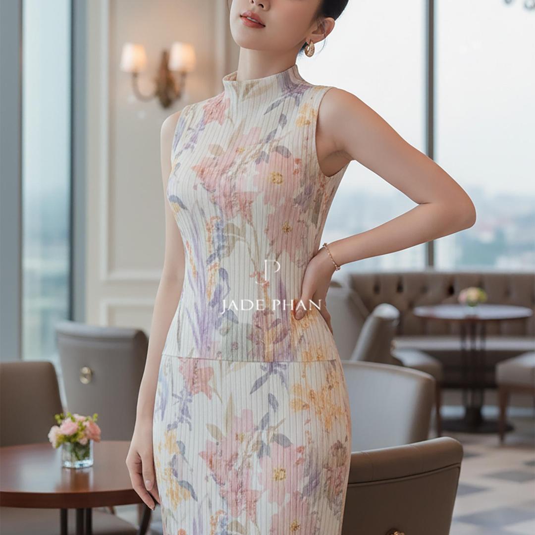 Set gồm áo và chân váy, bộ đồ dập ly thanh lịch in họa tiết hoa petunia Onni Holly — ảnh 2