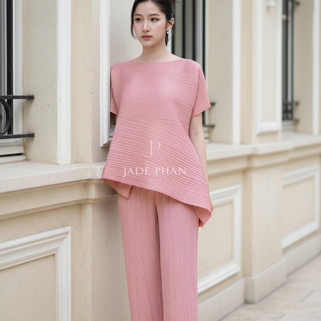 Set gồm áo và quầnđồng màu xếp ly nữ cao cấp, áo tay ngắn vạt chéo và quần ống suông thanh lịch nhiều màu Katle [ + ] — ảnh 7