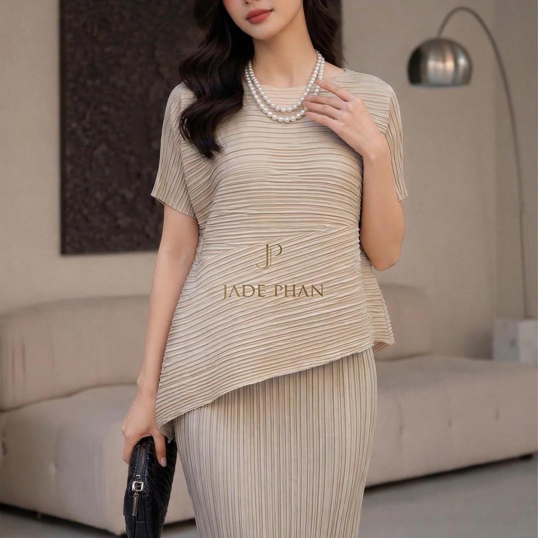 Set gồm áo và chân váyKatle Audora mix màu, áo xếp ly tà chéo và chân váy bút chì xẻ cạnh bắp chân dập ly cao cấp nhiều màu — ảnh 19