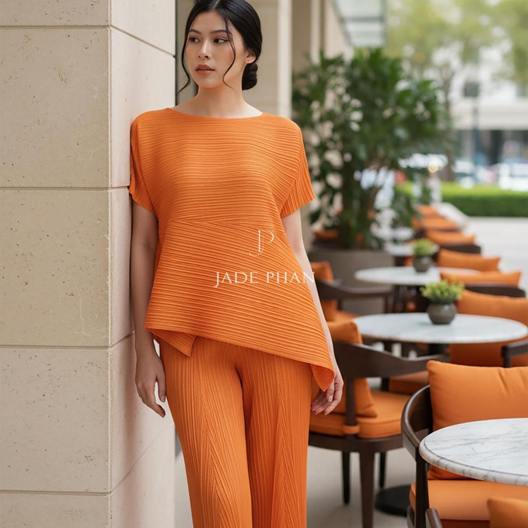 Set gồm áo và quầnđồng màu xếp ly nữ cao cấp, áo tay ngắn vạt chéo và quần ống suông thanh lịch nhiều màu Katle [ + ] — ảnh 11