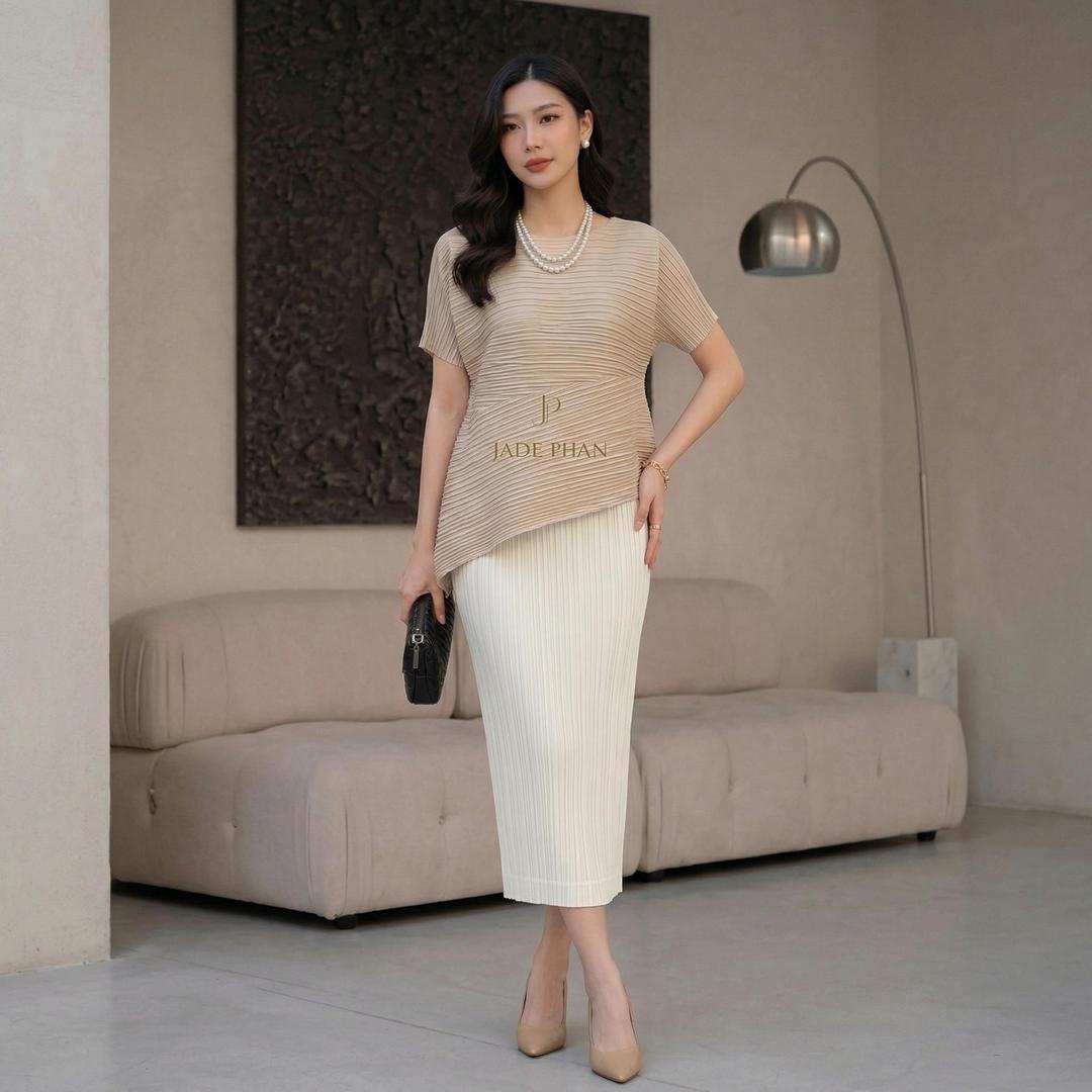 Set gồm áo và chân váyKatle Audora mix màu, áo xếp ly tà chéo và chân váy bút chì xẻ cạnh bắp chân dập ly cao cấp nhiều màu — ảnh 20