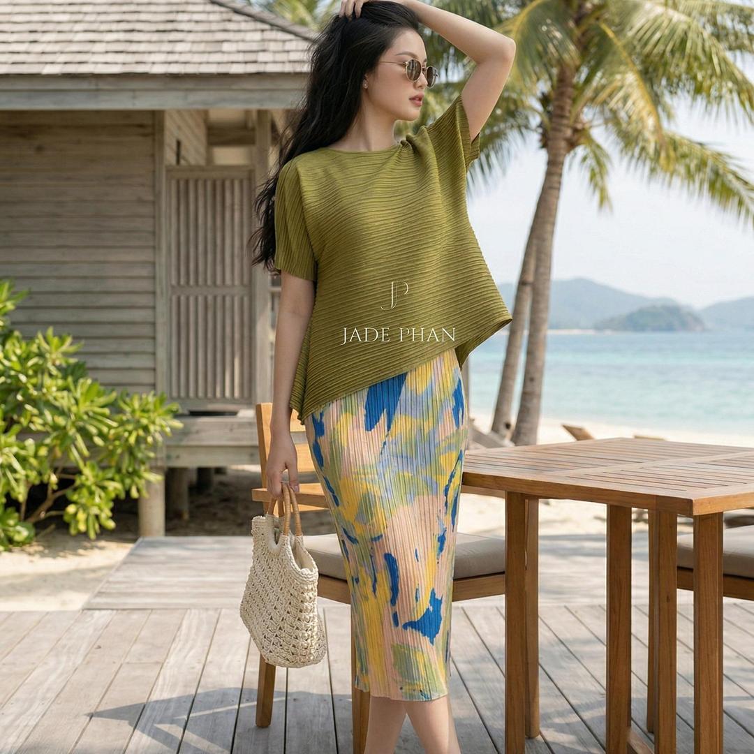Set gồm áo và chân váyxếp ly Áo katle vàng và chân váy Holly mảng màu cam vàng xanh dập ly [+] — ảnh 4