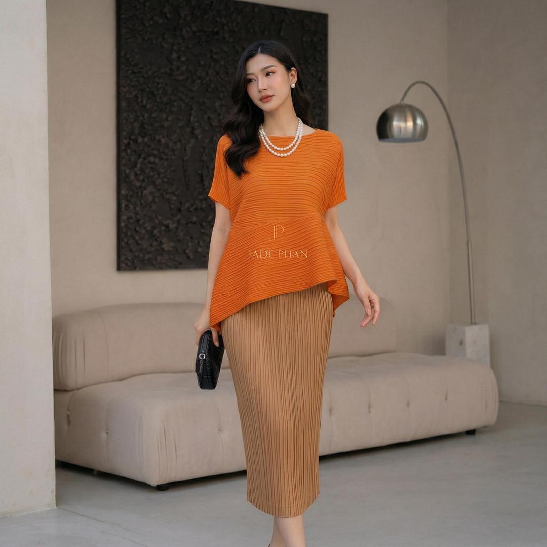 Set gồm áo và chân váyKatle Audora mix màu, áo xếp ly tà chéo và chân váy bút chì xẻ cạnh bắp chân dập ly cao cấp nhiều màu — ảnh 21