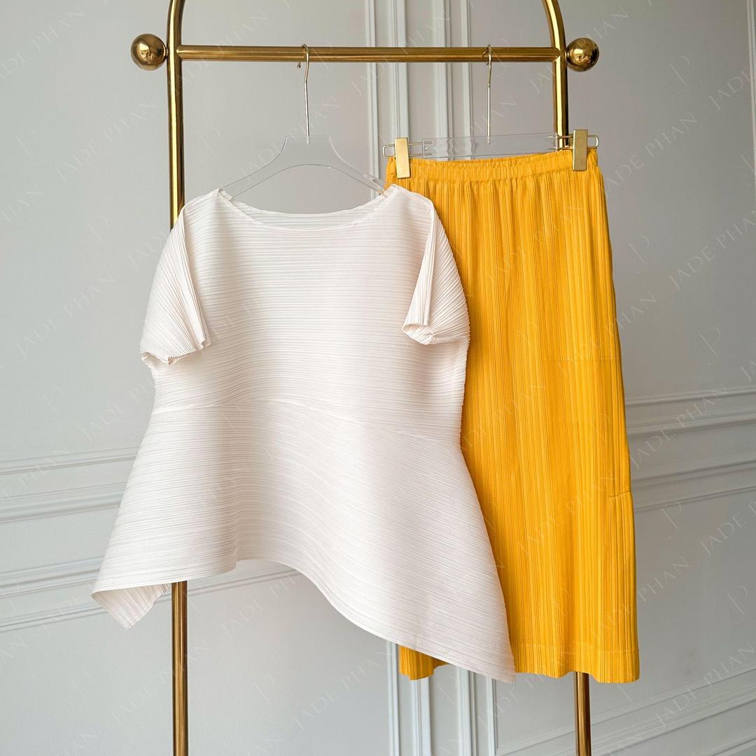 Set gồm áo và chân váyKatle Audora mix màu, áo xếp ly tà chéo và chân váy bút chì xẻ cạnh bắp chân dập ly cao cấp nhiều màu — ảnh 3