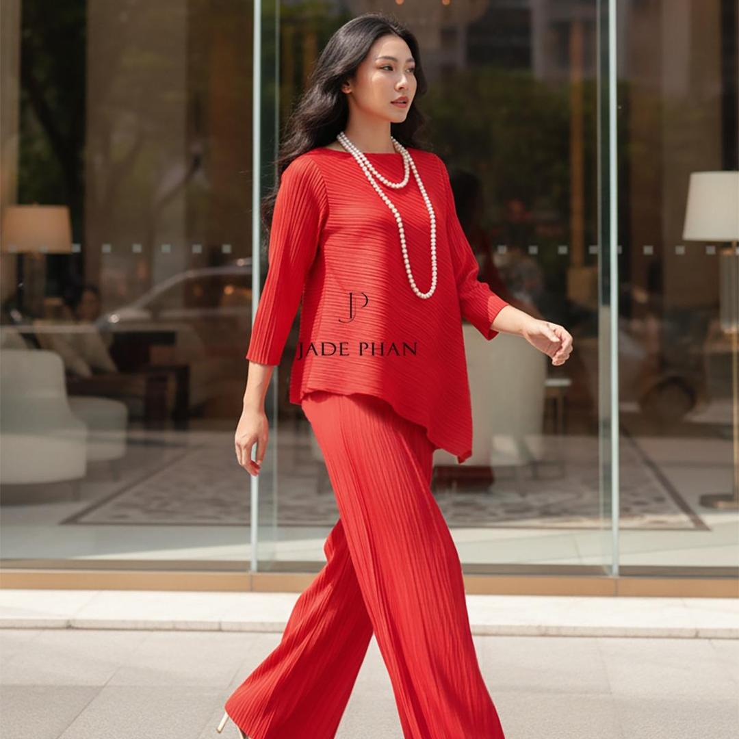 Set gồm áo và quầnđồng màu dập ly nữ sang trọng, áo tay lửng và quần ống rộng xếp ly lò xo Gerda — ảnh 13