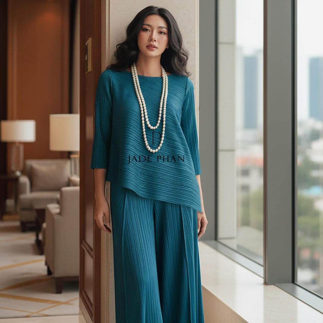 Set gồm áo và quầnđồng màu dập ly nữ sang trọng, áo tay lửng và quần ống rộng xếp ly lò xo Gerda — ảnh 21