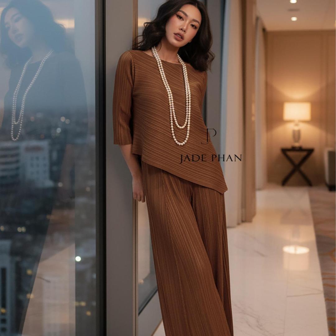 Set gồm áo và quầnđồng màu dập ly nữ sang trọng, áo tay lửng và quần ống rộng xếp ly lò xo Gerda — ảnh 16