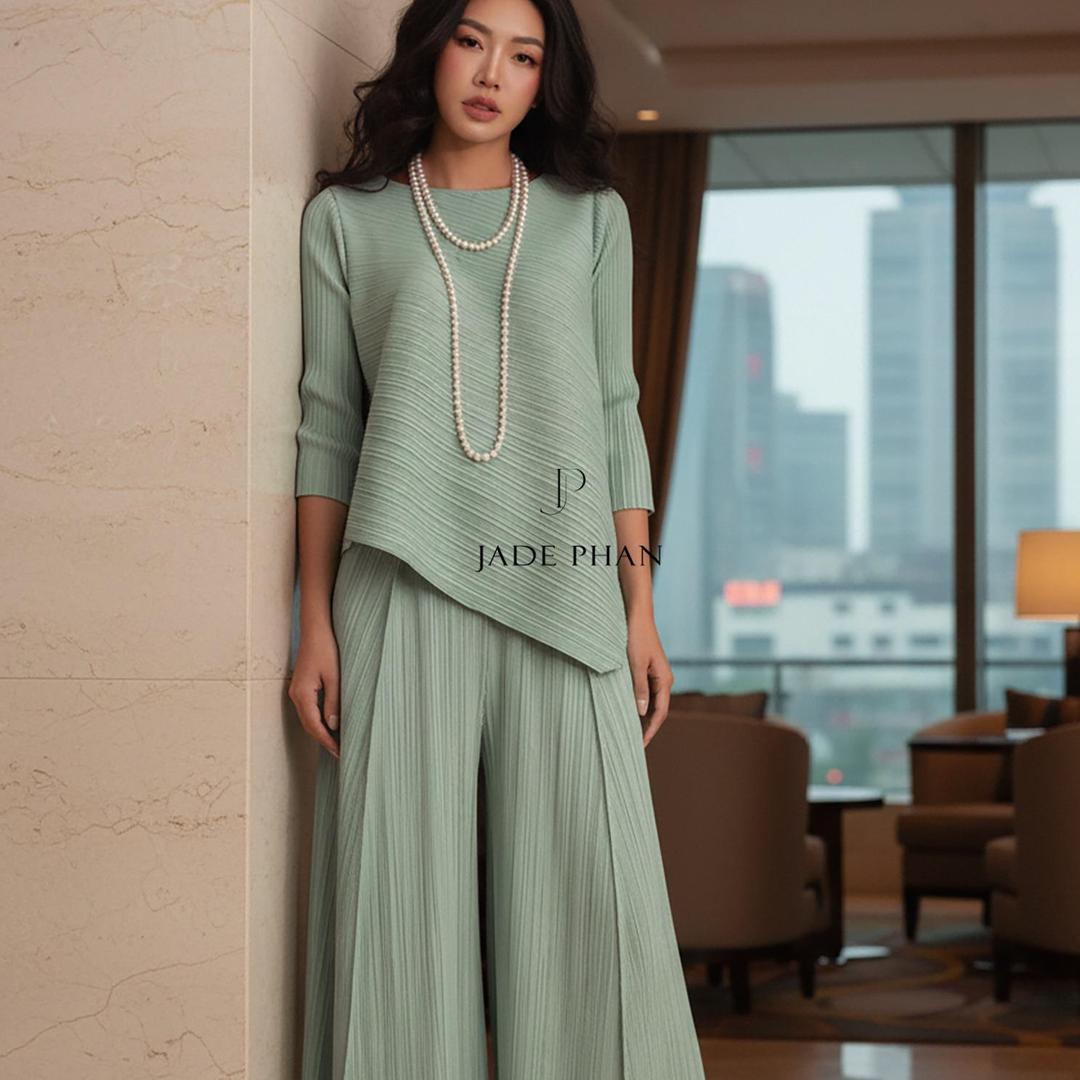 Set gồm áo và quầnđồng màu dập ly nữ sang trọng, áo tay lửng và quần ống rộng xếp ly lò xo Gerda — ảnh 25