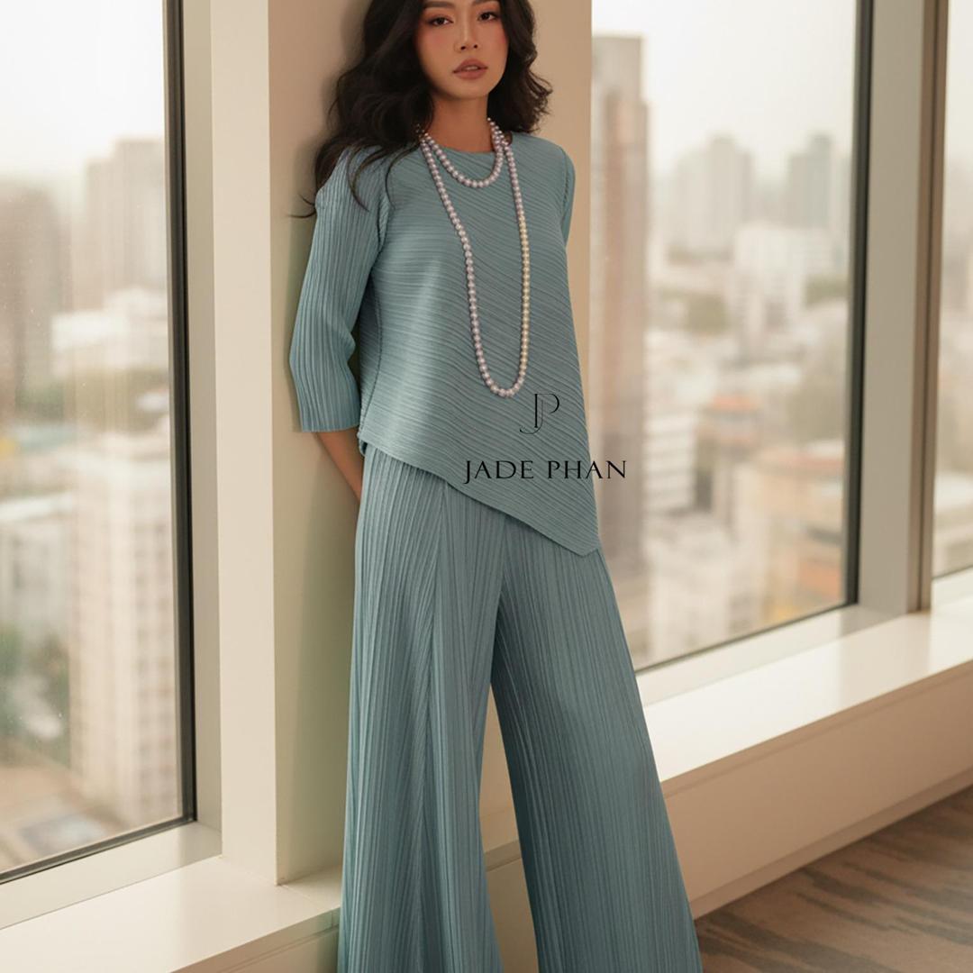 Set gồm áo và quầnđồng màu dập ly nữ sang trọng, áo tay lửng và quần ống rộng xếp ly lò xo Gerda — ảnh 26