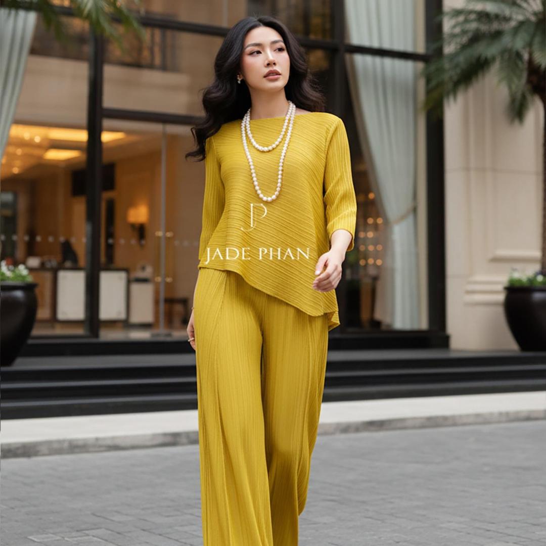 Set gồm áo và quầnđồng màu dập ly nữ sang trọng, áo tay lửng và quần ống rộng xếp ly lò xo Gerda — ảnh 18